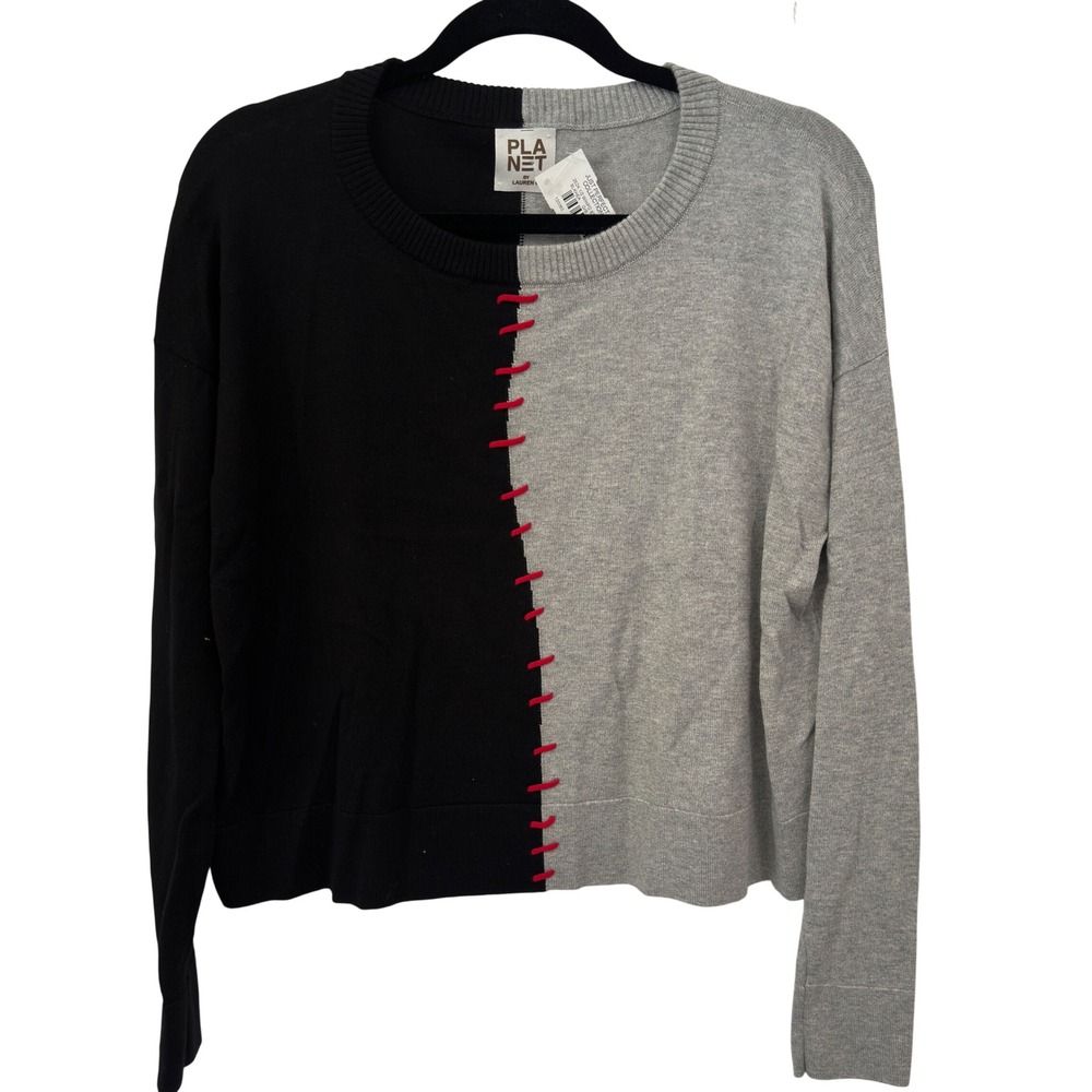 Planet by Lauren G NWT Pima Cotton Modal Sweater Black Gray Whipstitch NWT